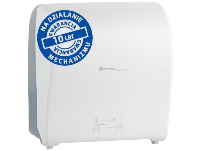 Mechaniczny podajnik ręczników papierowych w rolach MERIDA SOLID CUT AUTOMATIC MAXI, tworzywo ABS, front pełen biały - mat, tył transparentny jasny - mat